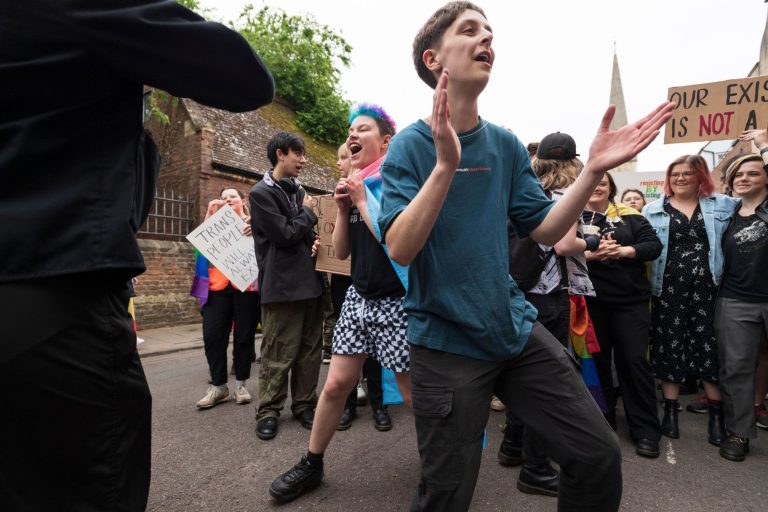 A group of pro-trans rights advocates are peacefully protesting outside the Oxford Union in objection to the invitation of former University of Sussex
