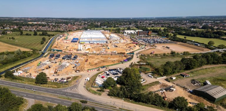 Panoramic aerial view of the new Google data centre under construction (Aug 24), Waltham Cross, UK