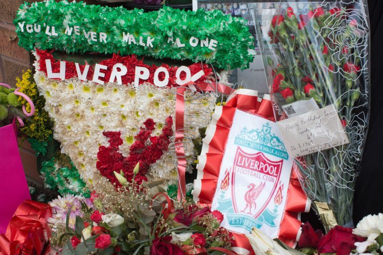Tributes for the 96 fans and Gordon Horn who died at Hillsborough aged 20, Hillsborough Memorial, Anfield Stadium Liverpool UK