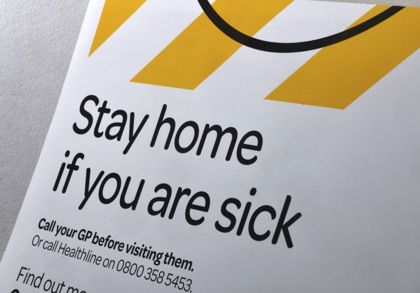Signage warns people to keep social distancing during the Covid 19 lockdown in New Zealand, 2020