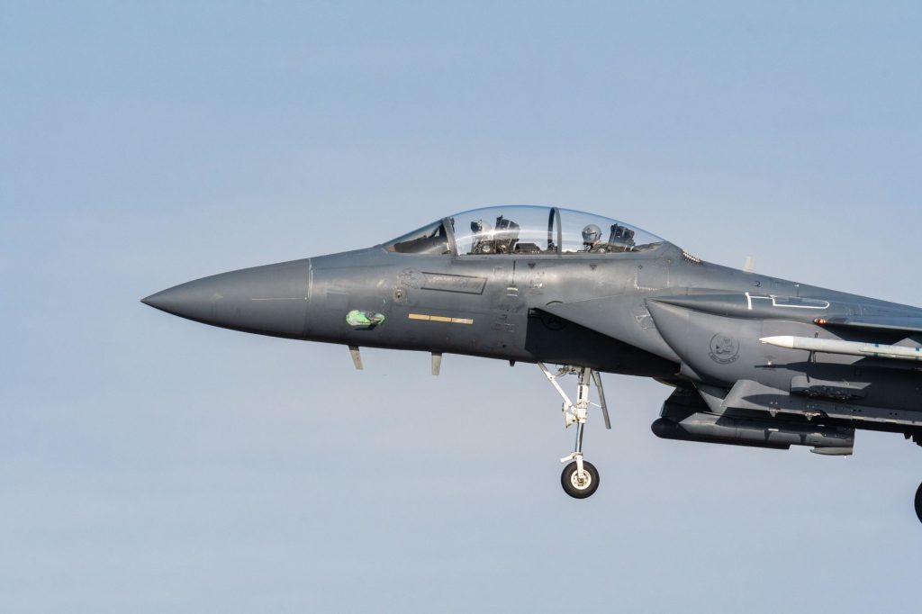 Cockpit close-up of a USAF McDonnell Douglas F-15 Eagle arriving at RAF Lakenheath, Suffolk