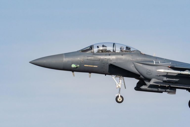 Cockpit close-up of a USAF McDonnell Douglas F-15 Eagle arriving at RAF Lakenheath, Suffolk