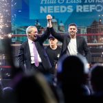 February 28th Hull, East Yorkshire, UK. Nigel Farage presents the Mayoral candidate for Reform UK at Connexin in Hull. PICTURED: Nigel Farage presents Luke Campbell, former boxer and Olympic God Medallist, as Reform UK's Mayoral candidate for Hull and Eas