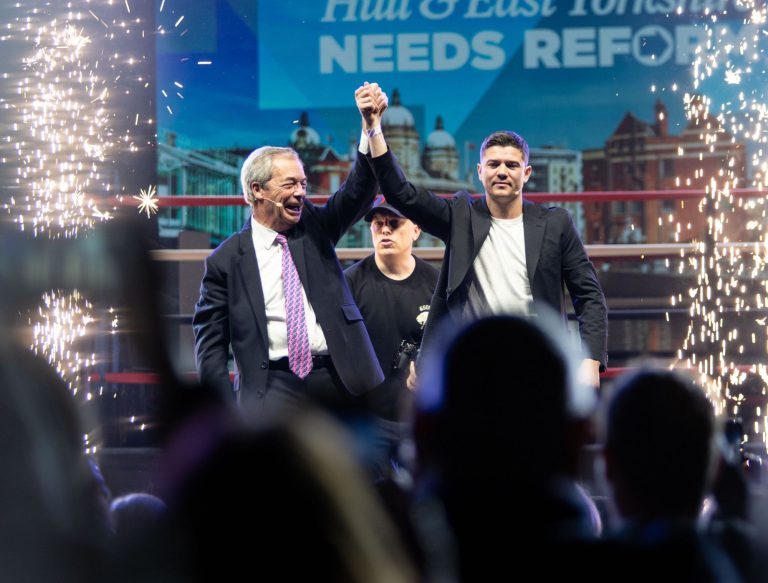 February 28th Hull, East Yorkshire, UK. Nigel Farage presents the Mayoral candidate for Reform UK at Connexin in Hull. PICTURED: Nigel Farage presents Luke Campbell, former boxer and Olympic God Medallist, as Reform UK's Mayoral candidate for Hull and Eas