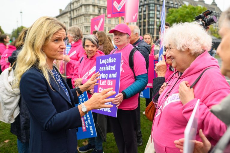 London, UK. 16 October 2024. MP Kim Leadbeater joins campaigners in favour of legalising assisted dying outside parliament, as the First Reading of the assisted dying bill takes place. Photo credit should read: Matt Crossick/Empics/Alamy Live News