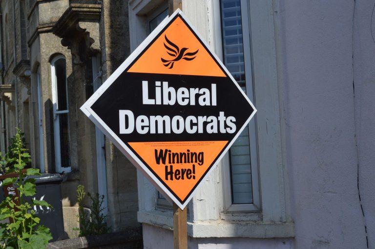 Liberal Democrats Garden Poster Sign in Frome, Somerset, England, United Kingdom. 18th June 2024.