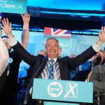 Reform UK party leader Nigel Farage with his party's candidates onstage during a campaign event at Stafford Showground, Stafford, whilst campaigning for this week's local elections. Picture date: Wednesday April 30, 2025.