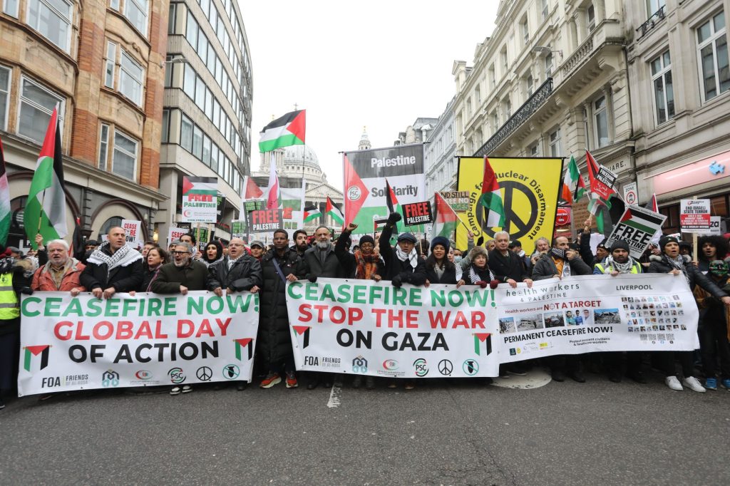 London, UK, 13th January 2024. 1000s gathered for the 7th National march for Palestine, part of a global action for a full ceasefire in Gaza. Protest marches took place in 60 cities, 36 countries and across 6 continents, opposing Israel's bombardment of t