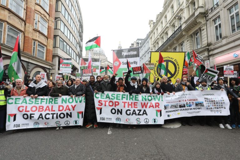 London, UK, 13th January 2024. 1000s gathered for the 7th National march for Palestine, part of a global action for a full ceasefire in Gaza. Protest marches took place in 60 cities, 36 countries and across 6 continents, opposing Israel's bombardment of t