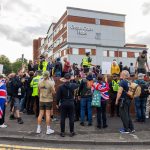 Altrincham, UK. 27 JUL, 2025. Police try to keep both Pro and Anti Migrant protestors seperate as both sides gathered outside the Cresta Court Hotel, which is believed to be housing migrants, as the wave of anti migrant protest against hotels continues ac