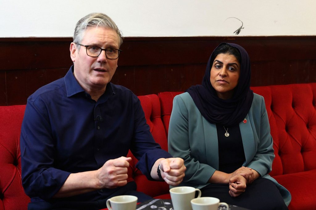 Britain's Prime Minister Keir Starmer, left, and Home Secretary Shabana Mahmood attend their visit to Peacehaven Mosque in Peacehaven, England, in Oct. 23, 2025. (Peter Nicholls/Pool Photo via AP)