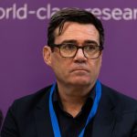 Manchester, UK. 06 OCT, 2025. Andy Burnham, Mayor of Greater Manchester, speaks at a fringe event at Friends Meeting House on day two of the Conservative Party Conference.  Credit Milo Chandler/Alamy Live News